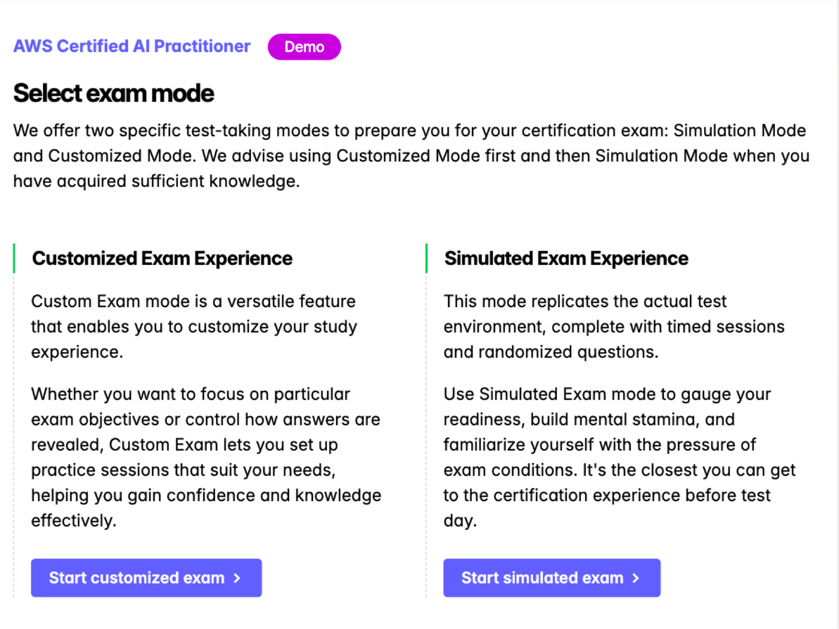 CertVista AIF-C01 offers two effective study modes: Custom Mode and Simulation Mode.