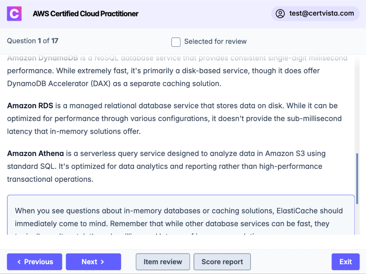 Every CLF-C02 question includes comprehensive explanations that break down AWS concepts, services, and best practices.