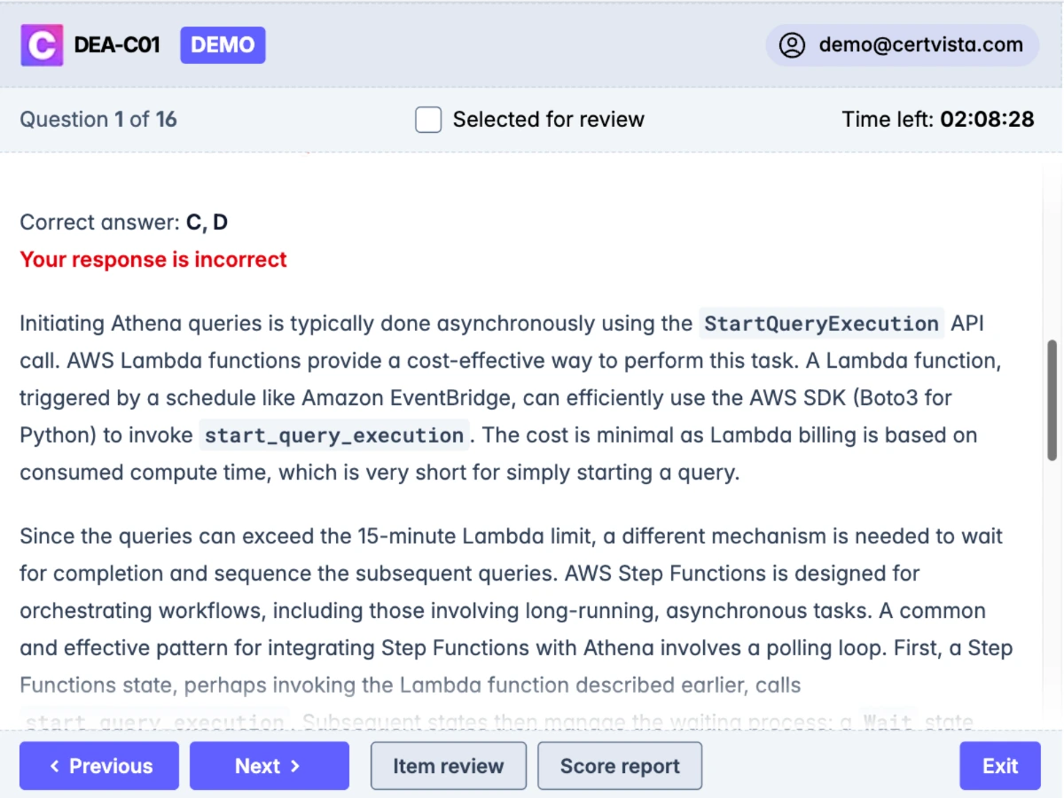 Every DEA-C01 question includes a clear, step-by-step rationale: why the correct option is right, why the others aren’t,