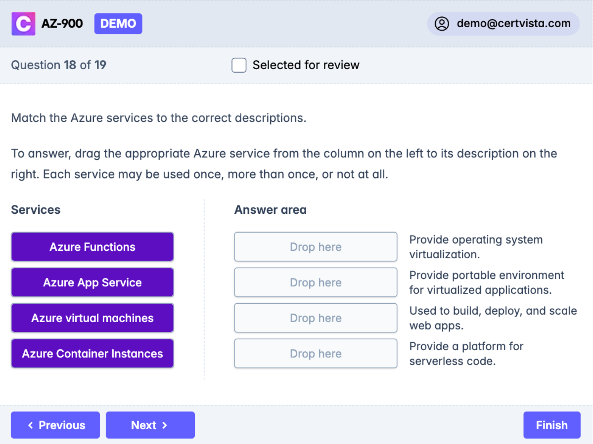 CertVista question bank features authentic AZ-900 question formats including multiple-choice, multiple-response, drag-and-drop, and case study scenarios.