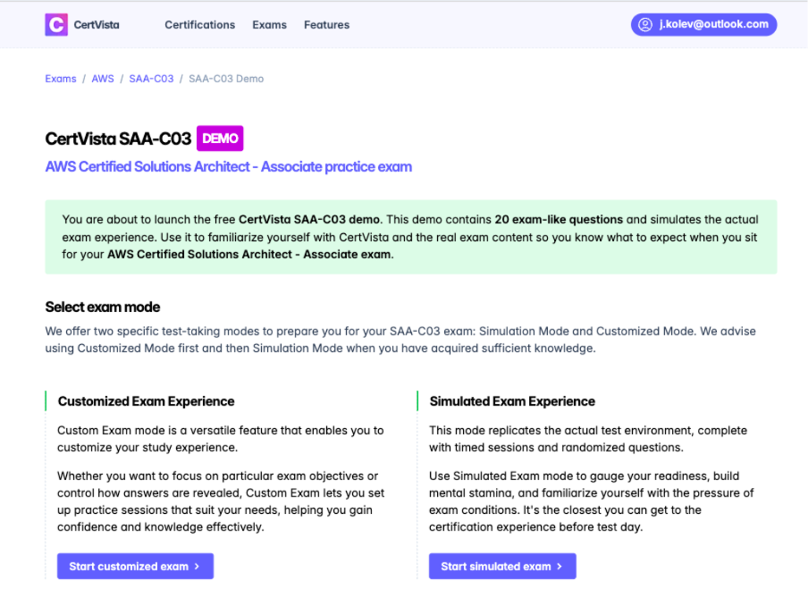 Select between Simulation and Customized exam modes and prepare for SAA-C03 at your own pace.